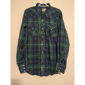 VTG H Bar C Mens 17.5 36 Pearl Snap Blue Green Plaid Western Long Tail Shirt USA